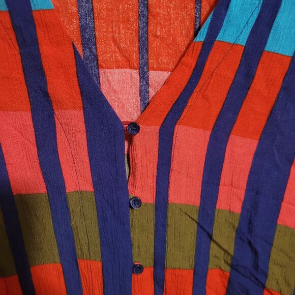 Express Bright Multi colored button up tie front Blouse Geometric Pattern Size S - Picture 3 of 7